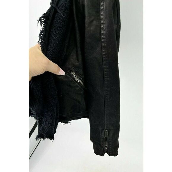 Free People Black Moto Jacket Coat Size 2 Front Drape Coated Denim Jean - Picture 10 of 15